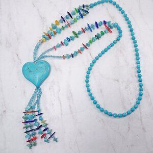Turquoise Heart Stone Necklace with Multi Color Stones and stone beaded tassel.